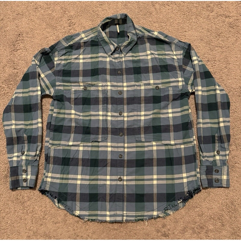 Free People Top Womens Blue Plaid Long Sleeve Raw Hem Button Down‎ Loveland Boho
